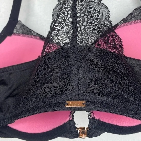 PINK VICTORIA SECRET BLACK LACE PADDED BRA WITH PINK LINING - Picture 5 of 6